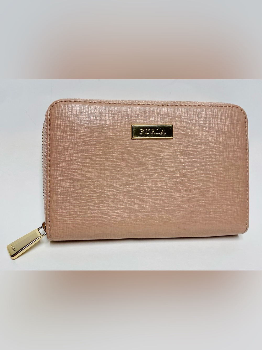 Furla Pink Saffiano Leather Zip Around Compact Wallet Babylon Camelia